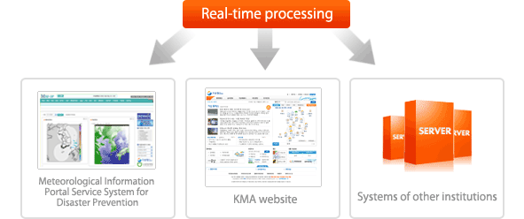 Real-time processing ①Meteorological Information Portal Service System for Disaster Prevention ②KMA Homepage ③System of Other Institutions