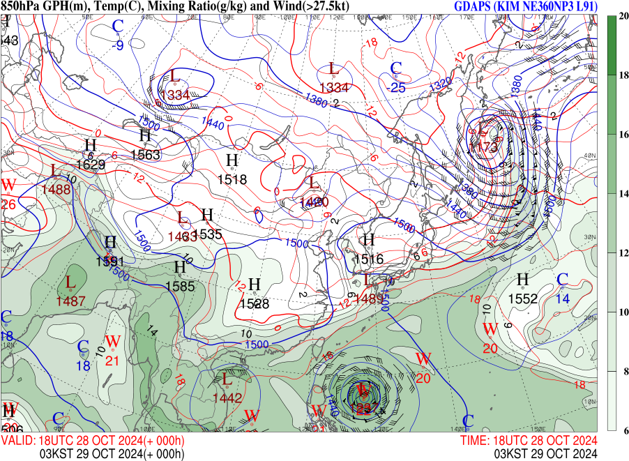 ϱ⵵ ܱ 850hPa  2024 10 29 03:00 (KST)